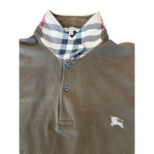 rare Burberry brown polo mens' tee sz large, under collar plaid with white logo